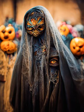 Cadılar Bayramı için yaratıcı karakterler. Kostümler ve maskeler. Korkunç ve komik bir Cadılar Bayramı. vektör biçimi