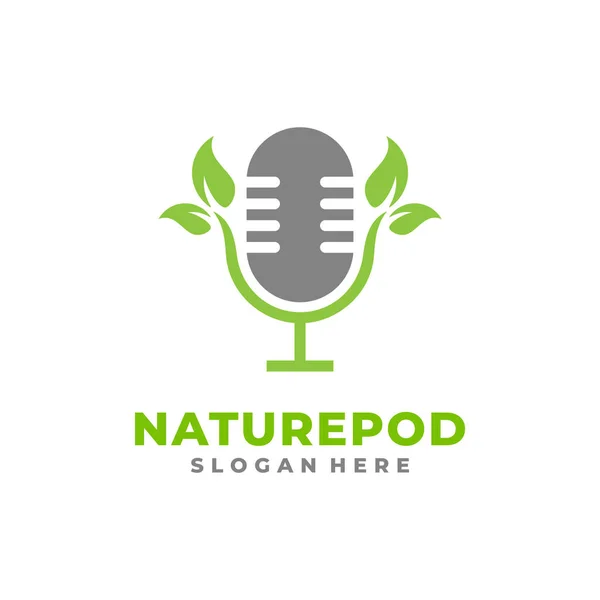 Podcast Charakter Wektor Logo Liściem Symbolem Mikrofonu — Wektor stockowy
