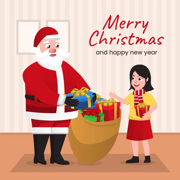 Happy Santa Give Present Kids — Stock Vector
