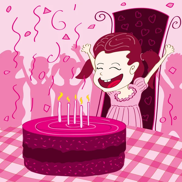 Счастливые дети с тортом на день рождения на полосатом фоне — стоковый вектор