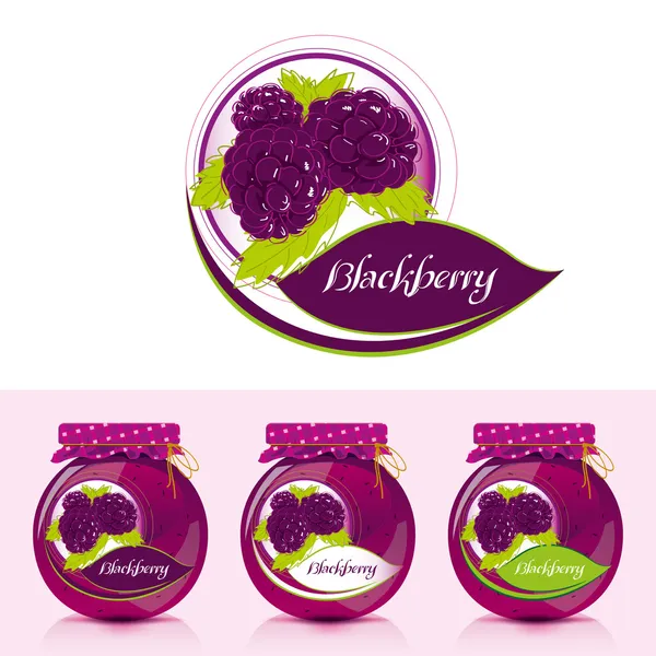 BlackBerry jam label met jar — Stockvector