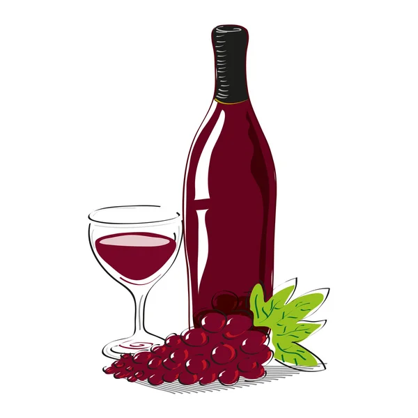 Red grape with bottle of red wine and glass full of wine with copy space — Stock Vector