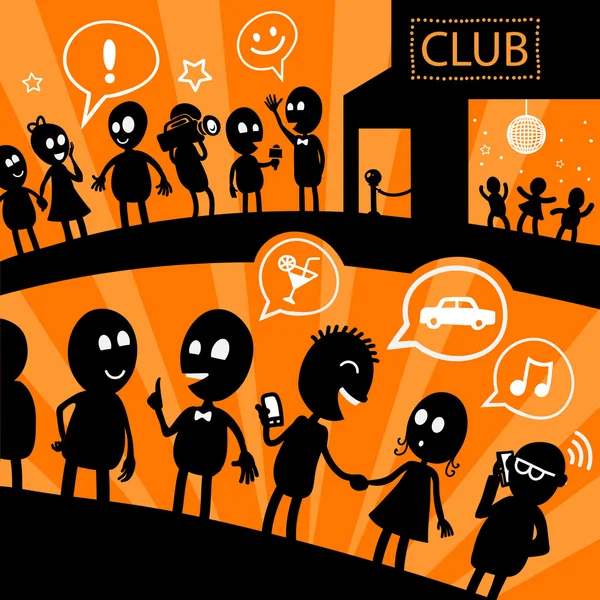 Illustration with black silhouettes of cartoon people standing in line at the nightclub — Stock Photo, Image