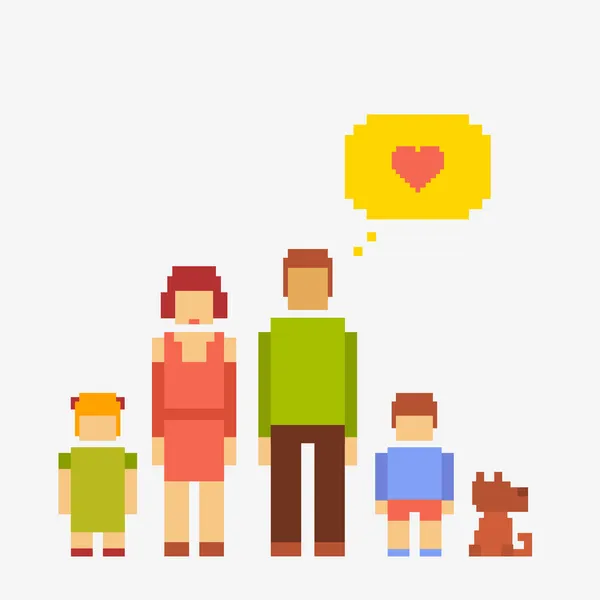 Pixel människor familj av fyra personer och en hund — Stockfoto