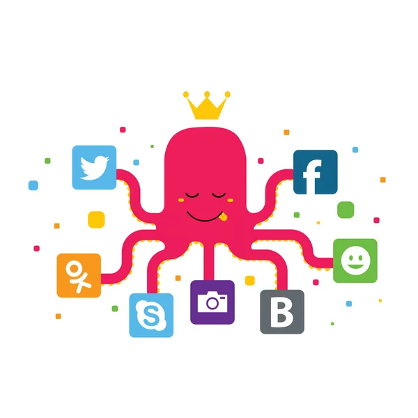 Illustrazione del social network con un polpo che tiene le icone — Foto Stock