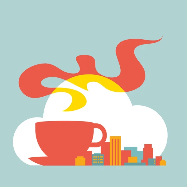 平面样式插图杯咖啡和云的现代化城市 — 图库矢量图片