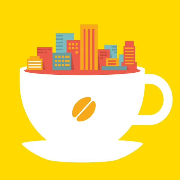 一杯のコーヒーでフラット スタイルの図は近代的な都市 — ストックベクタ
