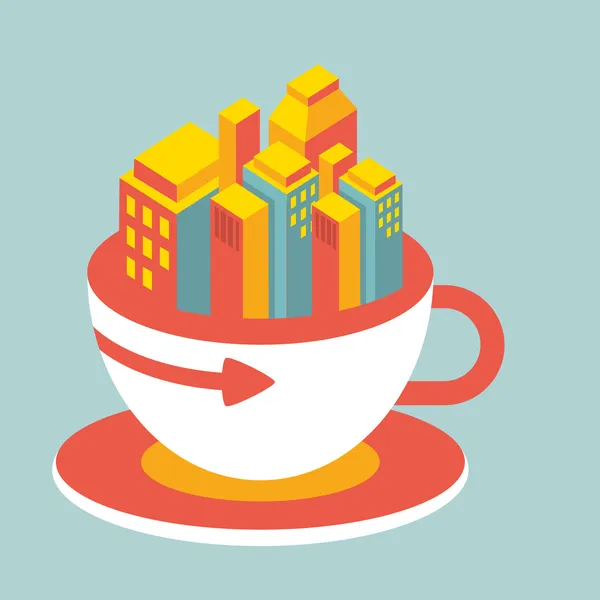 Volume illustration ville moderne en tasse de café — Image vectorielle