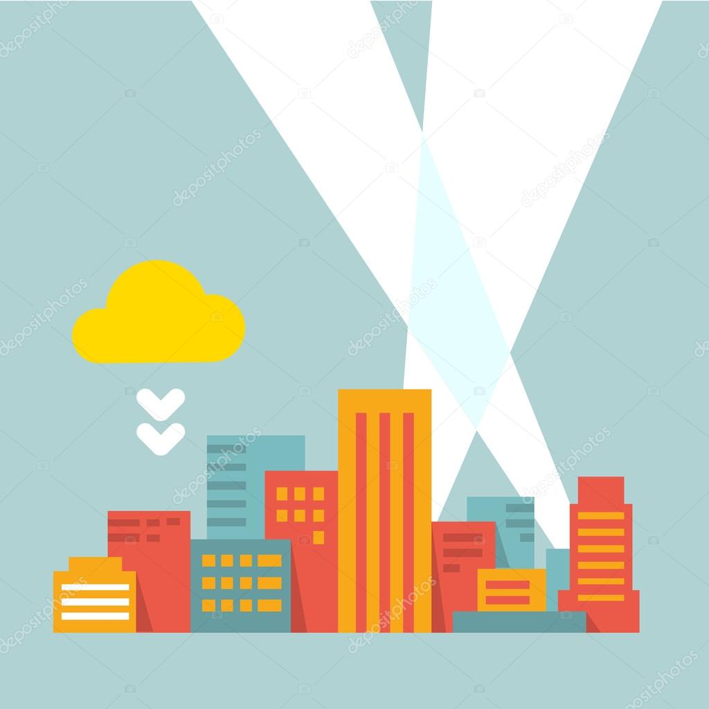 flat style illustration modern city in the bright rays of light