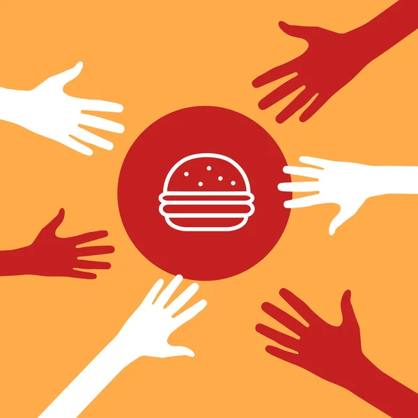 Mãos ao alcance de um hambúrguer . — Vetor de Stock