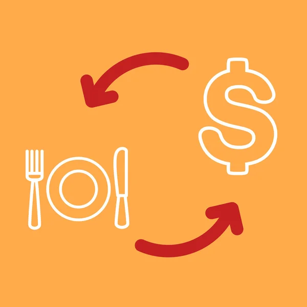 Cambio de dinero por un plato, cuchara, tenedor . — Vector de stock