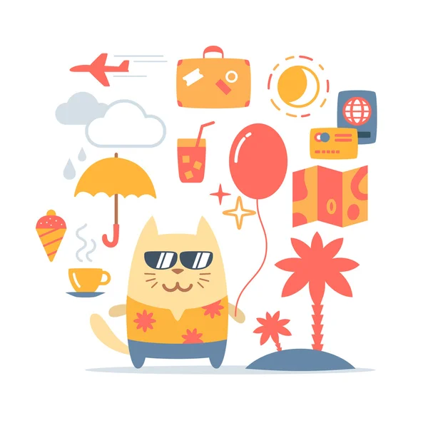 Personaje turista con gafas de sol y una camisa con flores — Vector de stock