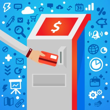 parlak vektör çizim erkek el banka kartı atm yakın tutar