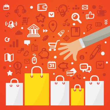 Kağıt alışveriş için parlak vektör çizim elini ulaşır