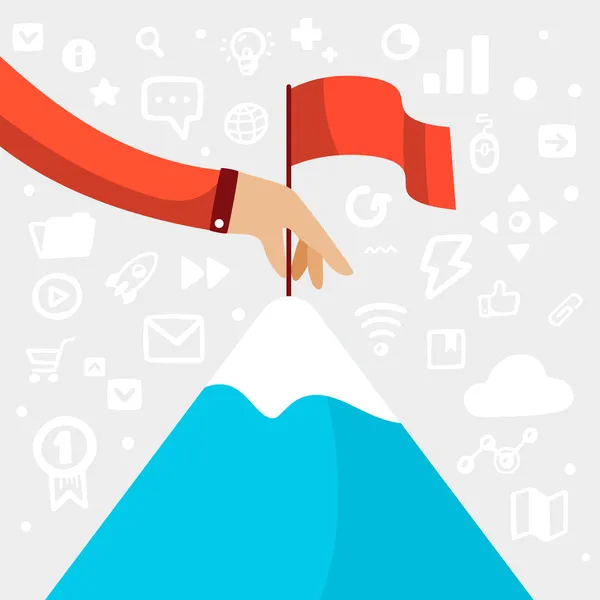 adam elinden tutan bir kırmızı bayrak ve mavi mou üstüne koyar