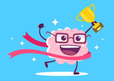 Happy Champion Brain in in in the Glass Run through Tape 'in Mavi Renk Arkaplanındaki Altın Kupa' yla yaratıcı temsili. Düz Doodle Biçim Bilgisi Mutlu İnsan Beyni Tasarımı Web, Site, Banner, Poster Karakteri