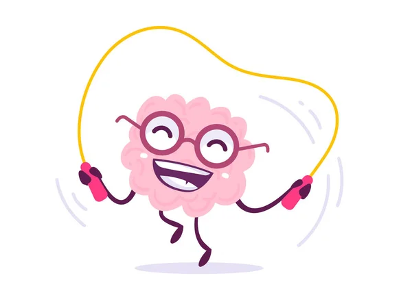 白色背景下快乐粉色人脑角色跳跃绳的矢量创造性图解 体育横幅 海报情感大脑扁平涂鸦式知识概念设计 — 图库矢量图片