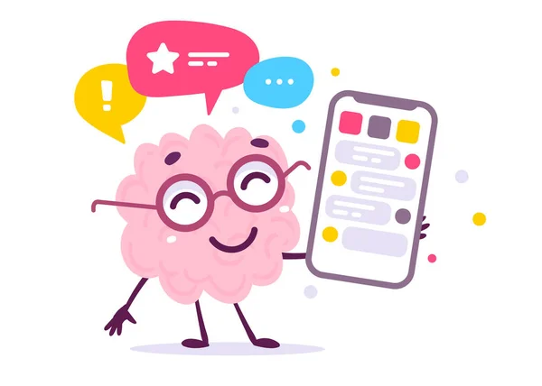 Vector Creative Illustration Happy Pink Human Brain Character Smart Phone — стоковий вектор