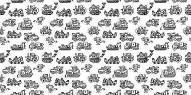 Farklı El Çekimi Retro Makinesi ile vektör yatay kusursuz desen. Beyaz Arkaplan Üzerinde Siyah Mekanizmanın Çizgi Sanatı Şekli Deseni