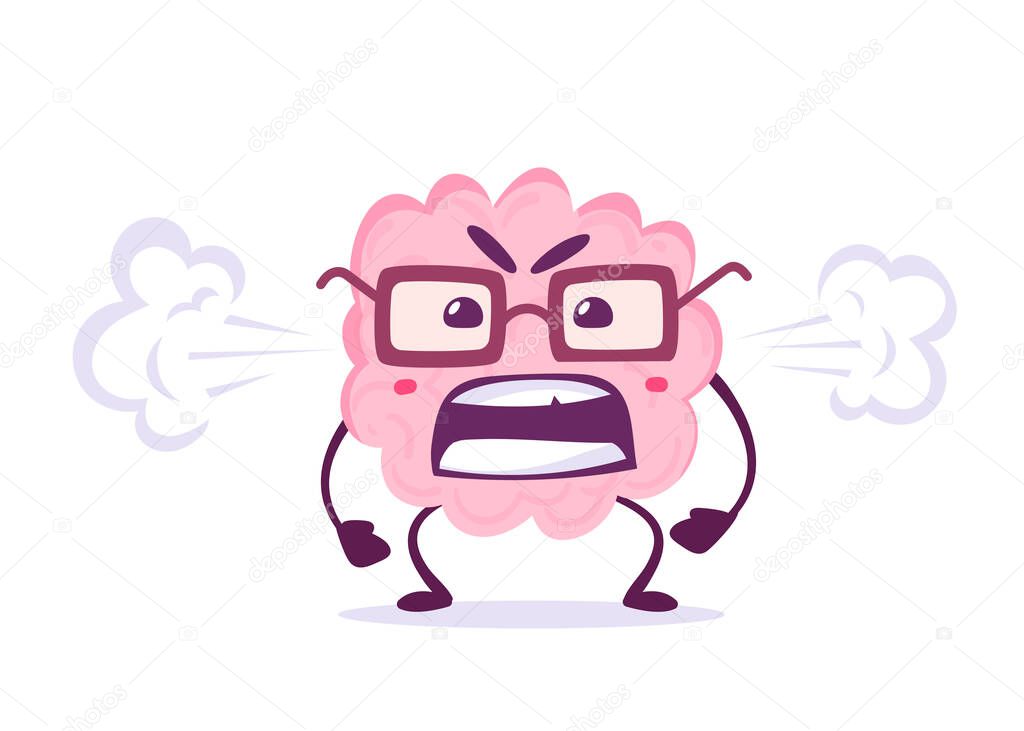 Vector Creative Illustration of Emotional Angry Pink Human Brain Character with Steam from Ear on White Background. Flat Doodle Style Knowledge Concept Design of Brain in Glasses for Web, Site, Banner, Poster