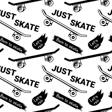 Kaykayın Vector Mono Renkli İllüstrasyonu ve Alev Şekli İfadesi. Çizgi film kaykayı ve Word 'le kusursuz kaykay deseni. Tişört ve Kağıt Yazdırma için Çizgi Sanat Pateni Arkaplanı