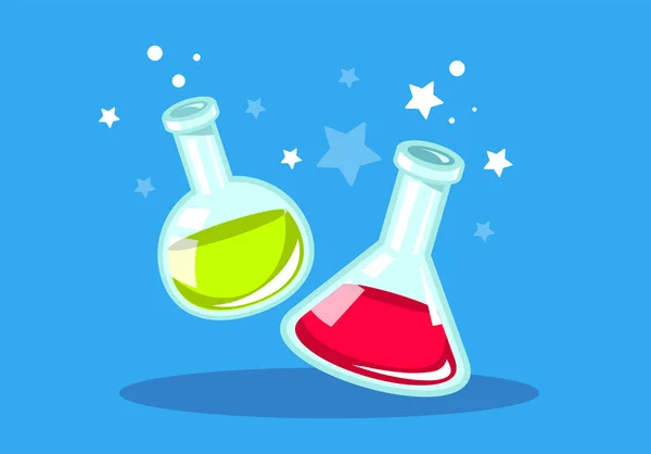 化学反応と星と青の背景に緑と赤の液体を持つ2つの化学フラスコのベクトル図 ウェブ サイト バナー ポスターのための明るいオブジェクトのデザイン — ストックベクタ
