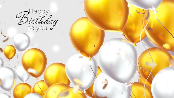 Szczęśliwy Urodziny Ilustracja Stosem Realistycznego Złota Białego Balonu Powietrza Jasnym — Zdjęcie stockowe