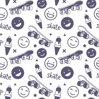 Yönetim Kurulu 'nun Vektör İllüstrasyonu, Gülümse ve Sözcük. Çizgi film kaykaylı ve dondurmalı kaykaysız patern. Tişört ve Kağıt Yazdırma için Beyaz Renk Arkaplanda Çizgi Sanat Pateni