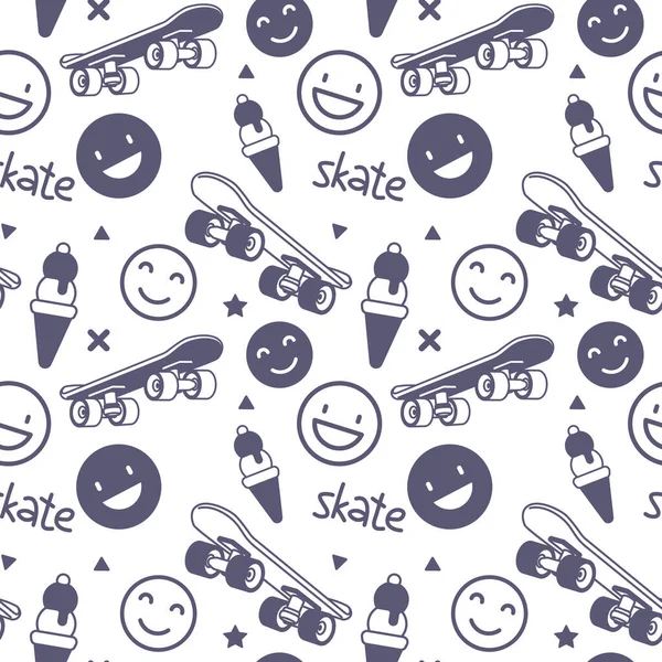 Vector Illustration Board Smile Word Skateboarding Seamless Pattern Cartoon Skateboard — Stock Vector