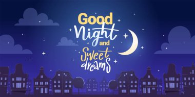 Lacivert gökyüzü arka planında bulutlu ve uydulu açık renk pencereli gece şehir caddesinin temsilcisi. Metni olan sanat tasarımı iyi geceler ve web sitesi, afiş, poster, broşür için tatlı rüyalar