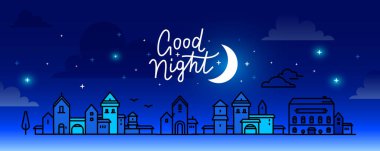 Lacivert gökyüzü arka planında, bulutlu ve parlak aylı gece şehir caddesinin temsilcisi. Satır sanat tasarımı metni ile iyi geceler ve web, site, afiş, poster, broşür için yıldız