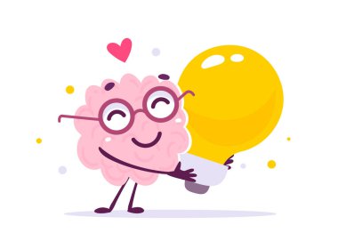 Gözlüklü Mutlu Pembe İnsan Beyin Karakterinin Yaratıcı İllüstrasyonu Beyaz Arkaplanda Sarı Ampul Sarılıyor. Mutlu Beynin Düz Biçim Bilgisi Tasarımı ve Web, Site, Banner, Poster İçin Enerji Kaydetme Fikri