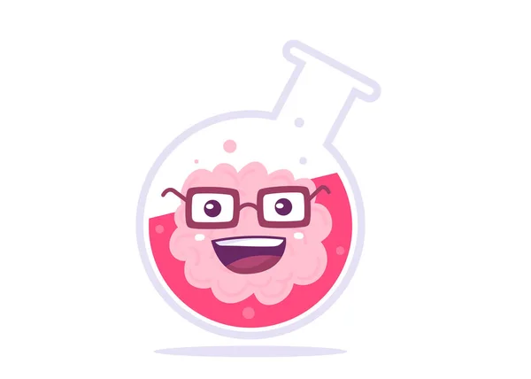 Vektorové Kreativní Ilustrace Happy Pink Human Brain Character Brýlích Baňce — Stockový vektor