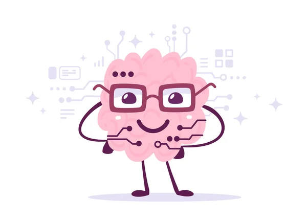 Векторная Творческая Иллюстрация Персонажа Счастливого Мозга Очках Микрочипом Белом Фоне — стоковый вектор