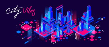 Karanlık gökyüzü arka planında ışık olan neon renkli şehir caddesinin vektör soyut çizimi. Web, site, pankart, poster, broşür için metin şehri titreşimleri içeren Isometric tarzı tasarım