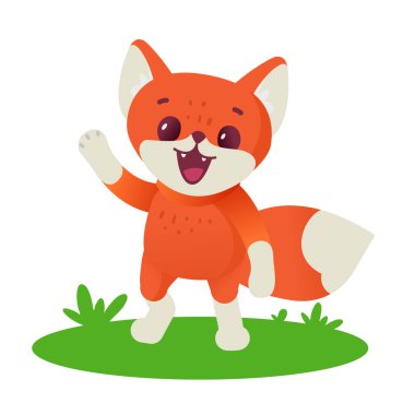 Beyaz renkli arka planda tüylü kuyruklu mutlu kırmızı tilki karakterinin vektör çizimi. Web, site, afiş, poster, çocuk kartı için yeşil çimlerde hayvan tilkisinin düz stil tasarımı