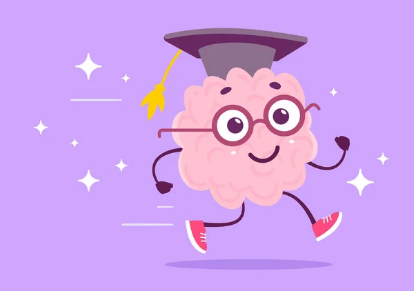 Vector Creative Illustration Happy Pink Human Brain Character Glasses Graduate — Archivo Imágenes Vectoriales