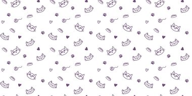 Mutlu kedi karakterinin vektör çizimi ve beyaz arkaplanda iplik yumağı. Düz çizgi sanat tasarımı. Kusursuz desen. Hayvan suratlı web sitesi, afiş, poster, çocuk kartı.