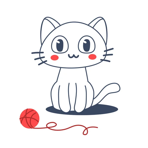 Beyaz Arkaplanda Yumak Yumağı Olan Mutlu Kedi Karakterinin Vektör Çizimi — Stok Vektör