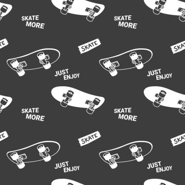 Geniş Tahta ve Deyimin Karanlık Vektörü. Çizgi film kaykaylı, pürüzsüz patern. Siyah Renk Arkaplanda Çizgi Sanat Pateni Tişört ve Kağıt Yazdırma