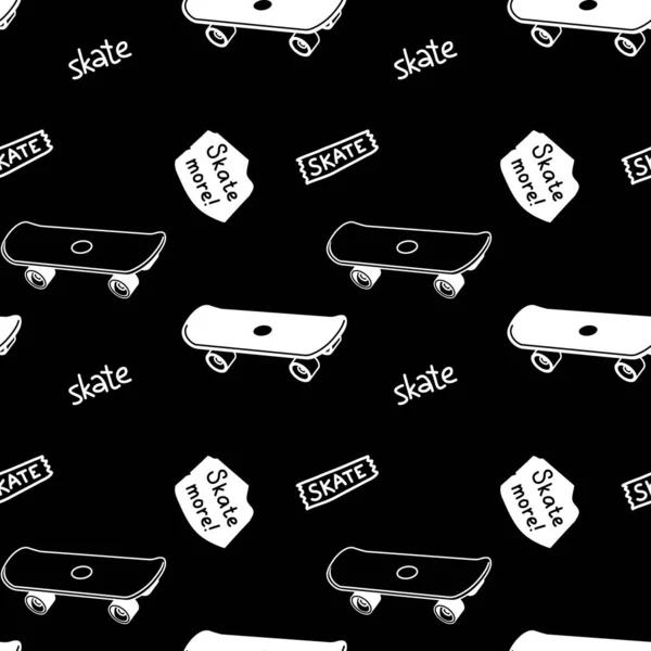 Vector Dark Illustration White Black Board Skateboarding Seamless Pattern Cartoon — Stock Vector