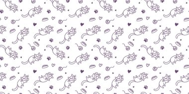 Mutlu kedi karakterinin vektör çizimi ve beyaz arkaplanda iplik yumağı. Düz çizgili sanat tasarımı. Düz desenli. Yalan söyleyen hayvan kedisi web sitesi, afiş, poster, çocuk kartı.