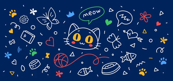 Vektor Illusztráció Boldog Aranyos Macska Karakter Labdával Fonal Hal Pillangó — Stock Vector