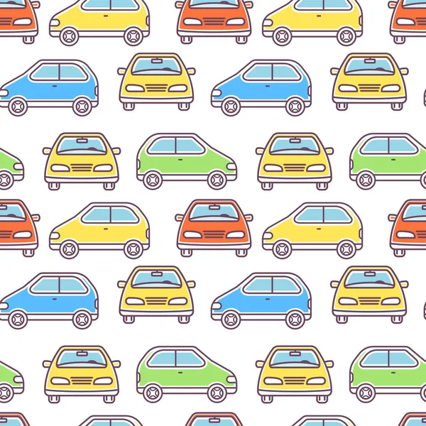 Vector kid illustration of colorful car on white background. Line art style design of car seamless pattern for web, site, banner, print