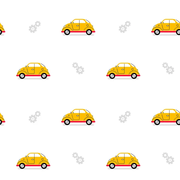 带齿轮的白色背景黄色复古车的向量子图 Web Site Banner Print汽车无缝图案的线条艺术风格设计 — 图库矢量图片