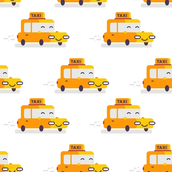 白色背景下黄色快乐出租汽车角色的矢量儿童图解 Web 打印用汽车无缝图案的平面设计 — 图库矢量图片