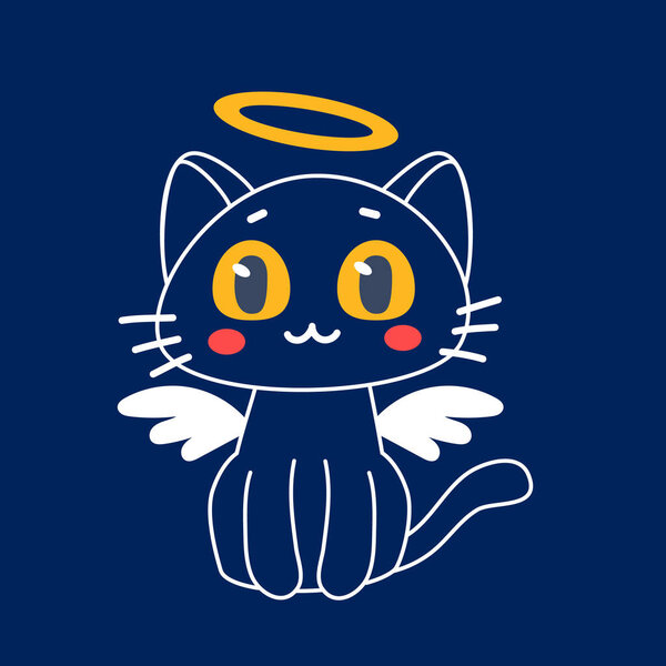 Vector illustration of happy cute cat character with halo over head and angel wings on dark color background. Flat line art style design of animal cat for web, site, banner, poster, child card
