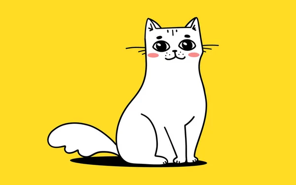 Ilustração Vetorial Branco Feliz Personagem Gato Bonito Fundo Cor Amarela — Vetor de Stock