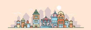 Şehir sokağının renkli gökyüzü arka planında güneşli ve bulutlu atlıkarıncalı çocuk resimleri. Web, site, bayrak, poster, broşür için Avrupa kenti panoramasının çizgi sanat tasarımı