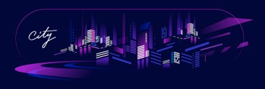 Karanlık gökyüzü arka planında ışık olan neon renkli şehir caddesinin vektör soyut çizimi. Web, site, pankart, poster, broşür için metin şehri ile Isometric biçim tasarımı